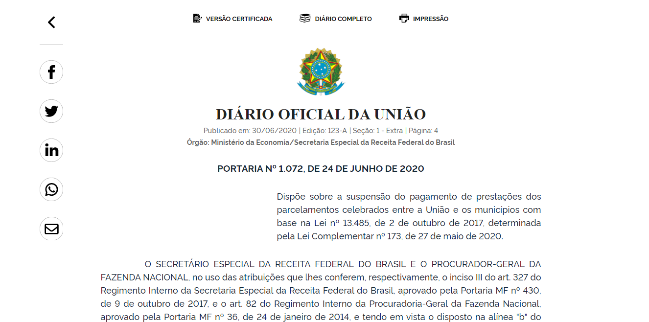 LC 173/2020 - Portaria regulamenta suspenso de pagamento de parcelamentos no RGPS