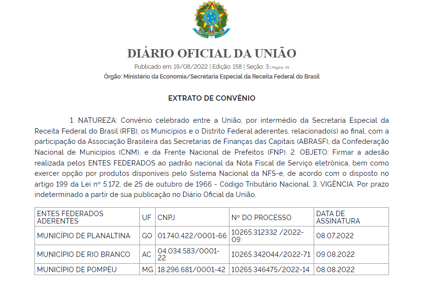 Unio publica convnio com os primeiros Municpios a aderirem sistema nacional de nota eletrnica