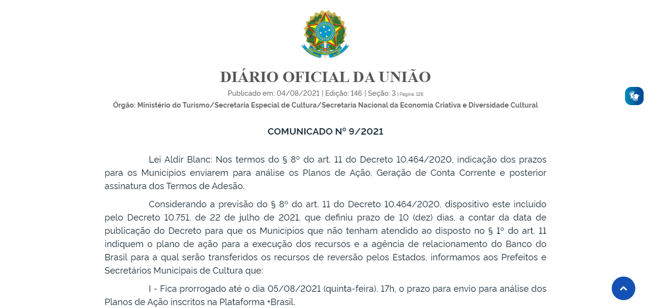 Aldir Blanc - Secretaria amplia prazo e Municpios tm at o dia 5 para demonstrarem interesse em recursos