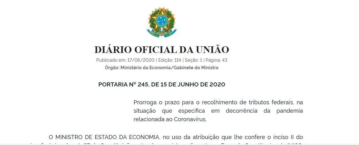 Portaria posterga recolhimento de contribuies previdencirias do INSS, PIS e Pasep de maio para competncia de outubro