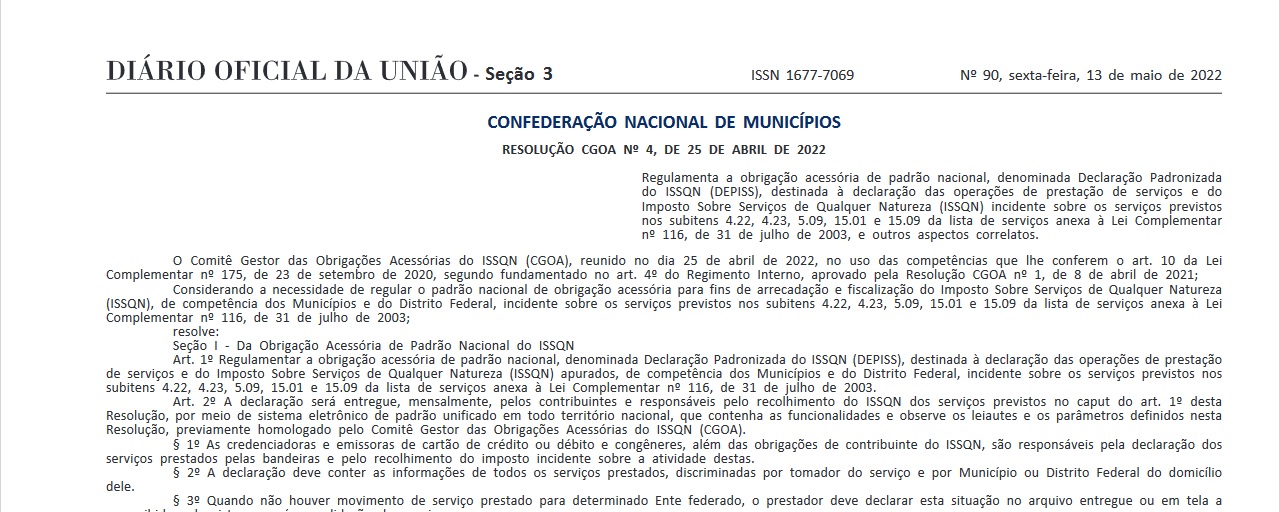Regulamentao de obrigao de Declarao Padronizada do ISSQN  publicada no Dirio Oficial