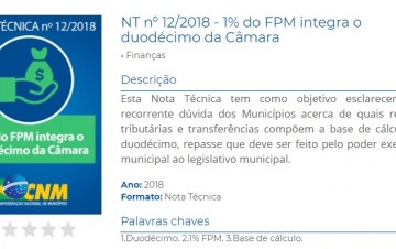 CNM esclarece sobre a base de clculo do duodcimo da Cmara de Vereadores