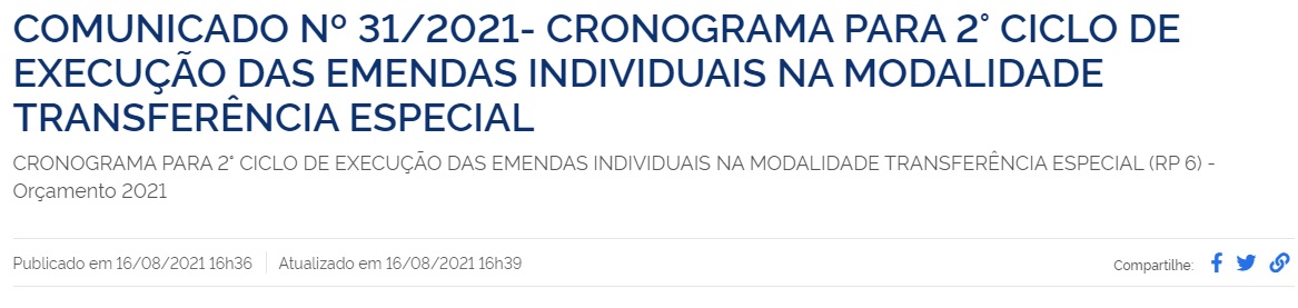 Comunicado da Economia divulga cronograma do segundo ciclo das emendas 2021