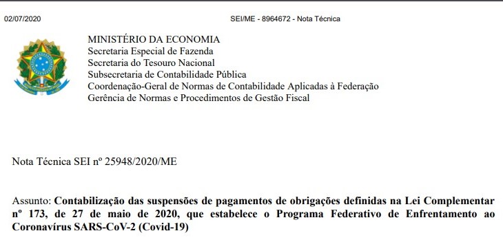 Atualizada NT sobre a contabilizao de recursos relacionados  Covid-19